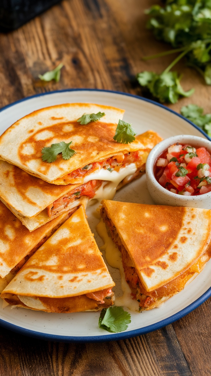 A crispy Chicken Quesadilla cut into wedges, served with salsa on a rustic wooden table.